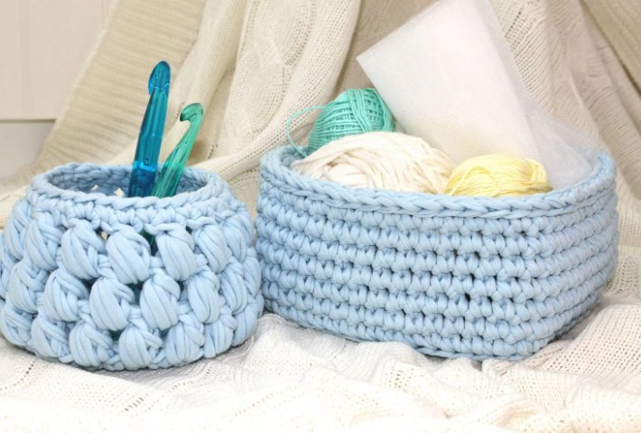 Как связать корзинку из трикотажной пряжи крючком - простой мастер-класс для начинающих